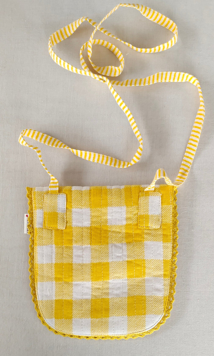 Yellow Checks & Stripe Kids' Small Tote Bag with Magnetic Closure and Lace Detailing PURSE Yo Baby India