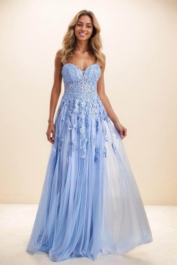 Lace Sweetheart A-Line Sweep Train Tulle Prom Dresses CS0808 - COCOMELODY