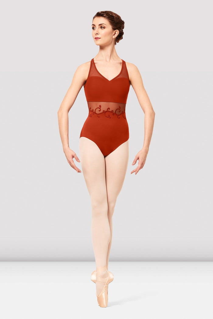 Ladies Boutique V Neck Mesh Swirl Embroidered Leotard