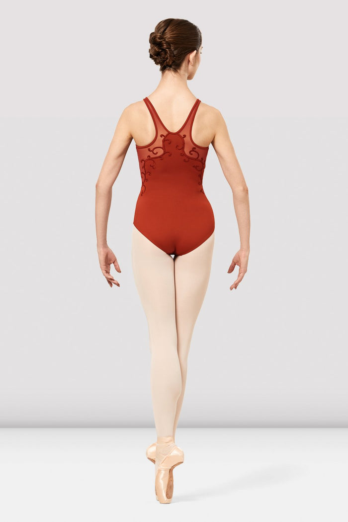 Ladies Boutique V Neck Mesh Swirl Embroidered Leotard
