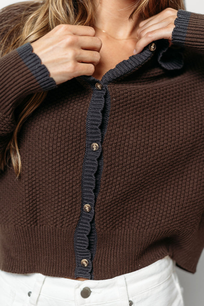 Laurel Scallop Edge Cardigan in Dark Chocolate