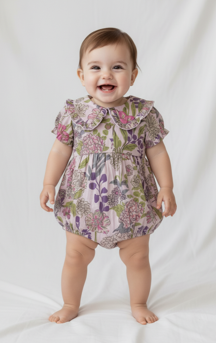 Lavender Sofia Romper for Infant Baby Girls – Cotton, Frilled Collar, Snap Closure