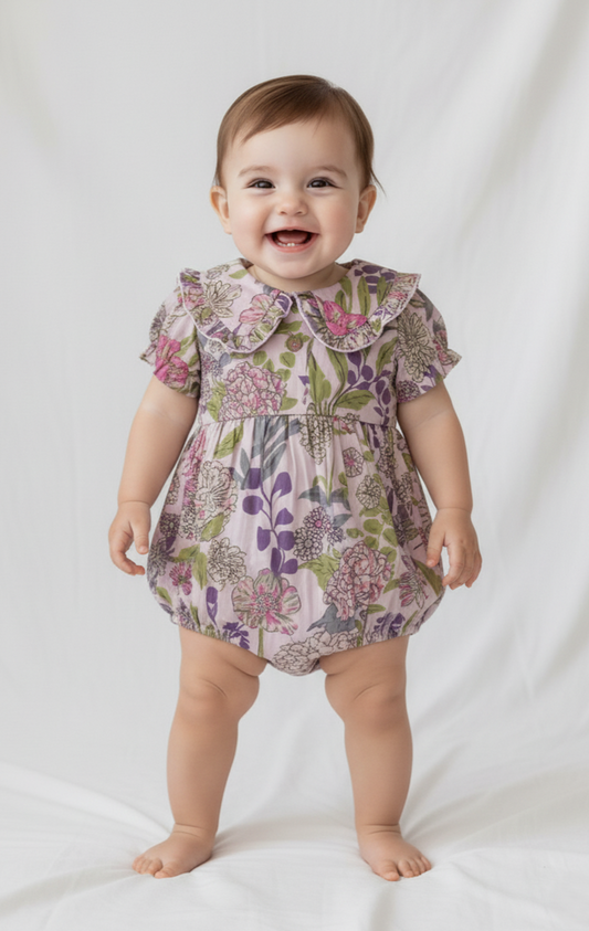 Lavender Sofia Romper for Infant Baby Girls – Cotton, Frilled Collar, Snap Closure