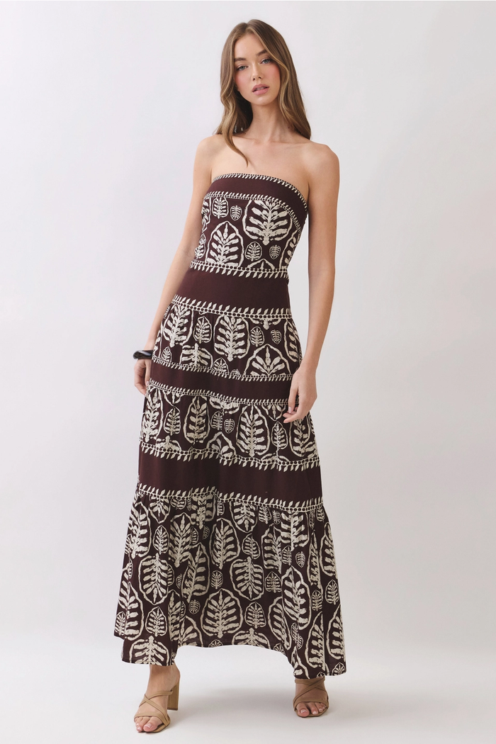 Leaf Print Strapless Tiered Maxi Dress
