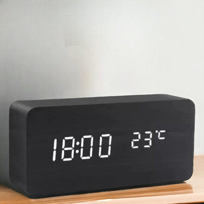 LED Alarm Clock | Voice Control | Wooden Design | Temperature Display & 3 Alarms