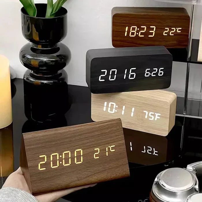 LED Alarm Clock | Voice Control | Wooden Design | Temperature Display & 3 Alarms