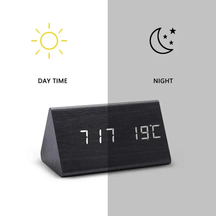 LED Alarm Clock | Voice Control | Wooden Design | Temperature Display & 3 Alarms