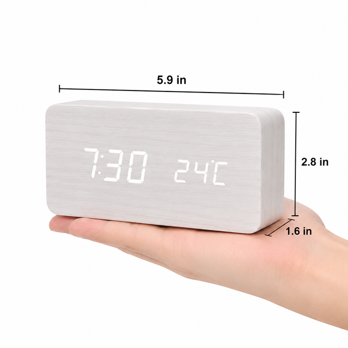 LED Alarm Clock | Voice Control | Wooden Design | Temperature Display & 3 Alarms