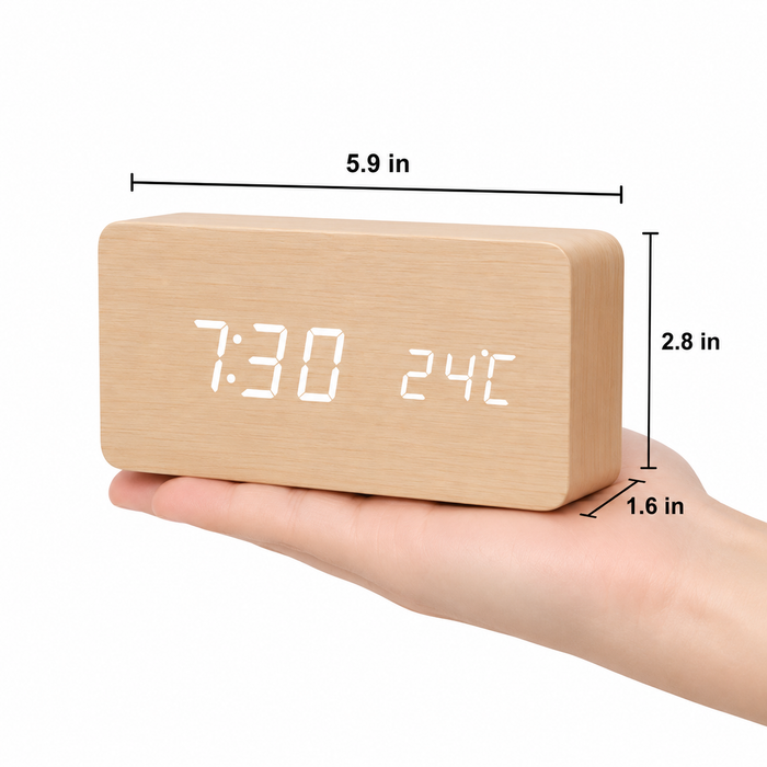 LED Alarm Clock | Voice Control | Wooden Design | Temperature Display & 3 Alarms