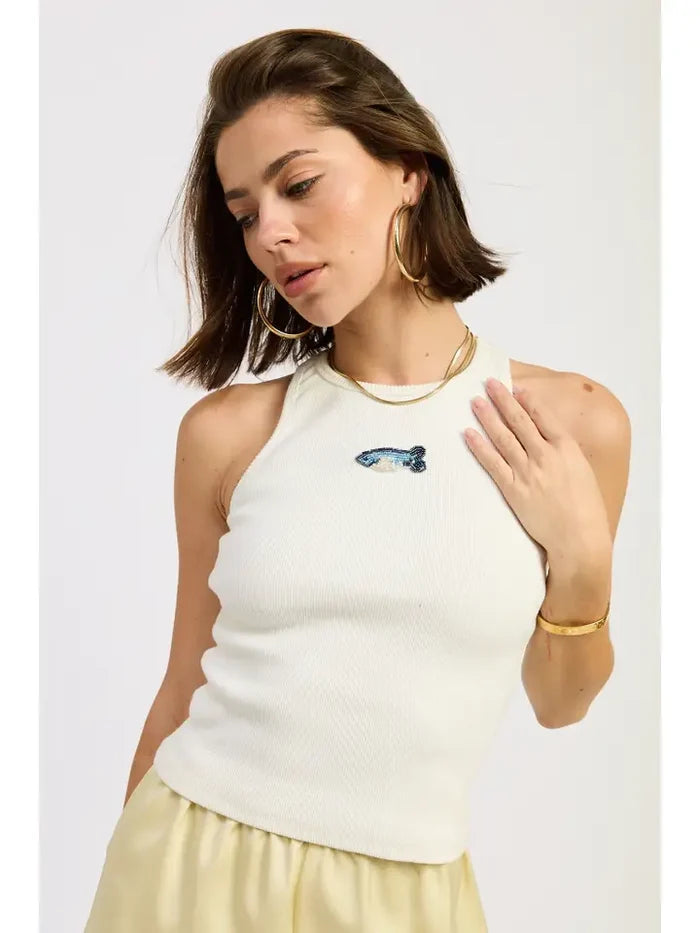 Lenny Beaded Shark Tank Top in Off-White