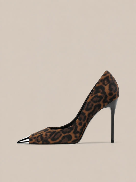 leopard print stiletto heels with metal cap toe - LUIYL