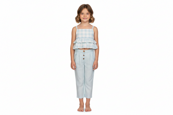 Light Blue Checks Top & Striped Pants Set for Kids & Infants – 2-Piece Cotton Outfit with Adjustable Straps & Bloomer