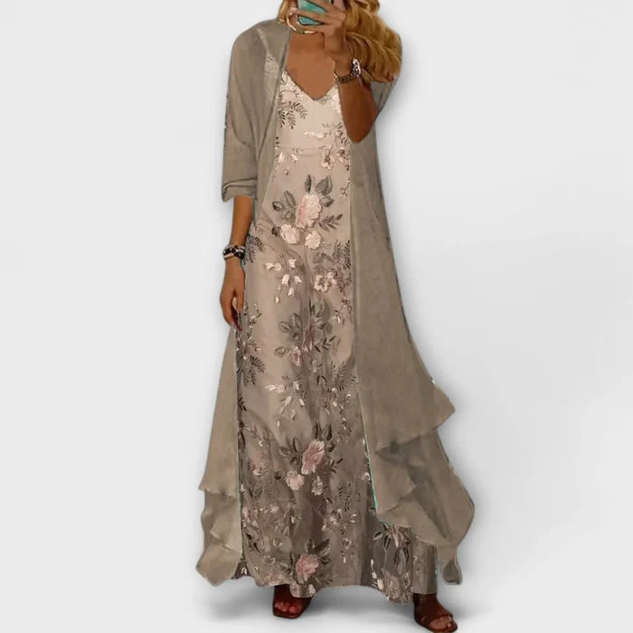 Lily - Floral Maxi Dress for Women with Open Front Cardigan and V-Neck