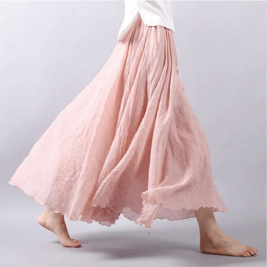 Lily - Flowy Women's Linen Maxi Skirt with Elasticated Waist and Double Layer Hem
