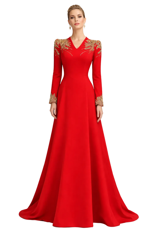 long-sleeve A-line gown with gold embroidered shoulders – RUBY