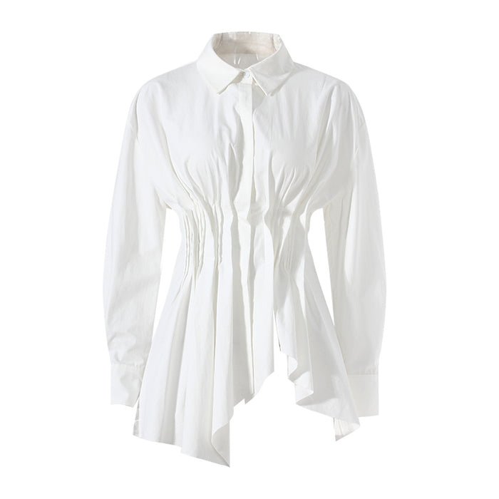 long-sleeve button-down shirt with ruched waist and flared hem – CLEO