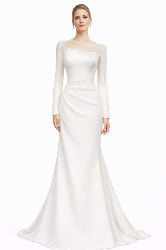 long-sleeve column bridal gown with lace neckline – IVORA