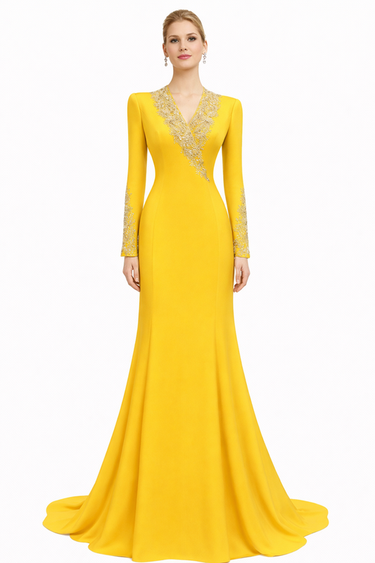 long-sleeve column evening gown with embellished neckline – AURELIA