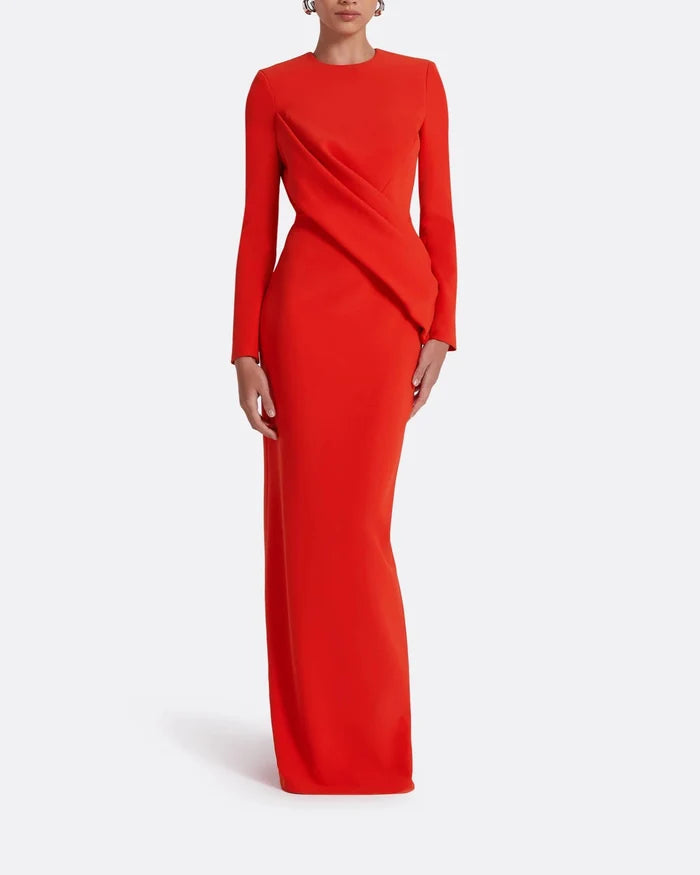 long-sleeve column gown with asymmetrical drape – FIERY-1