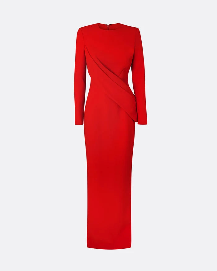 long-sleeve column gown with asymmetrical drape – FIERY-1