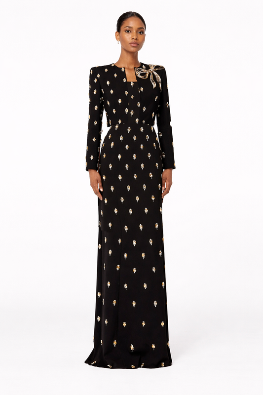 long-sleeve column gown with gold motif embellishments – SERAPHINE