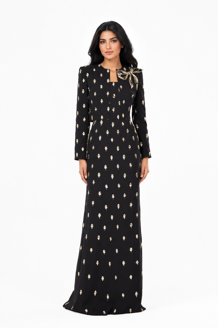 long-sleeve column gown with gold motif embellishments – SERAPHINE
