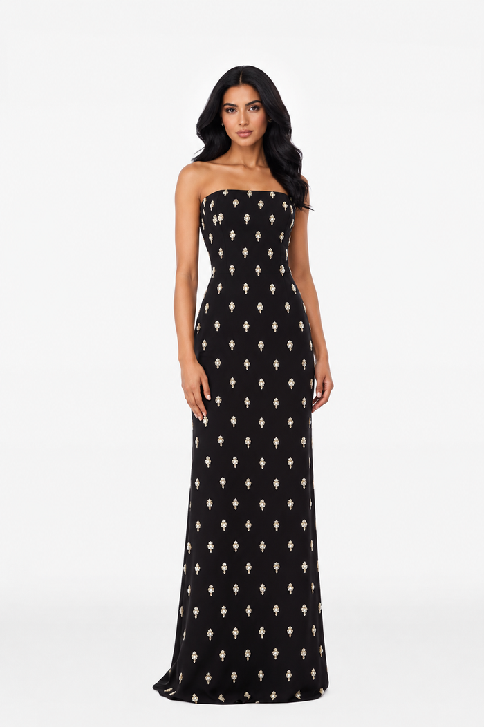 long-sleeve column gown with gold motif embellishments – SERAPHINE