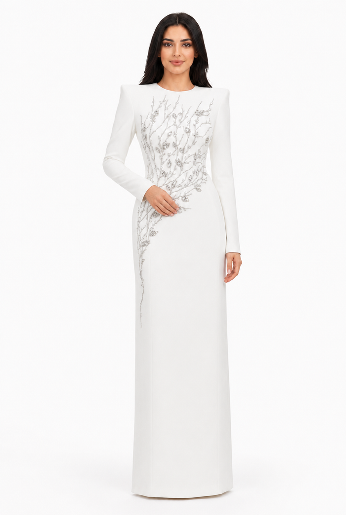long-sleeve column gown with sequin branch embroidery – AUROZLI