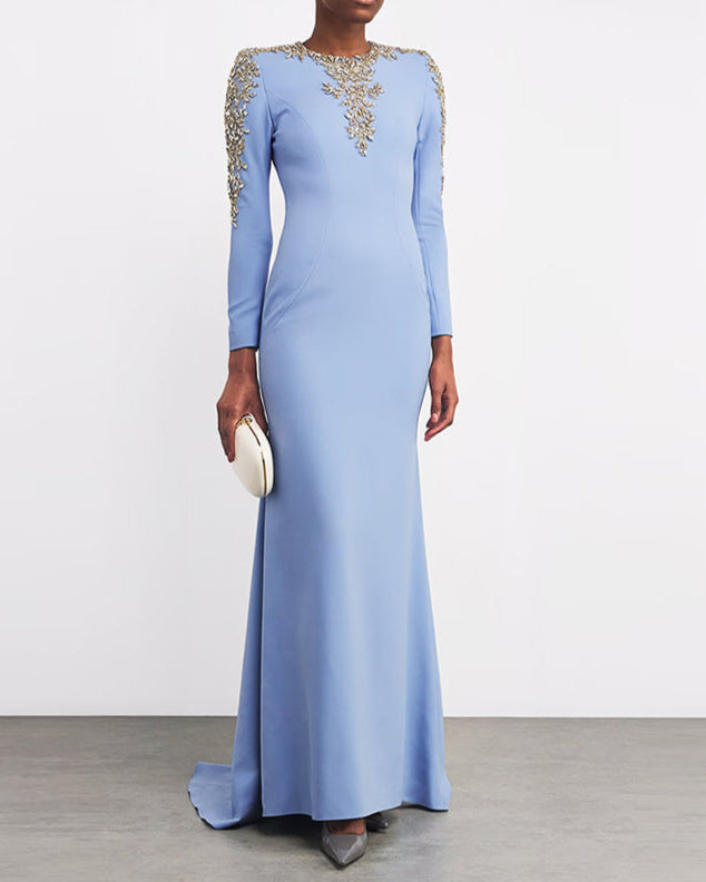 long-sleeve mermaid gown with gold applique shoulders – SELEVRE