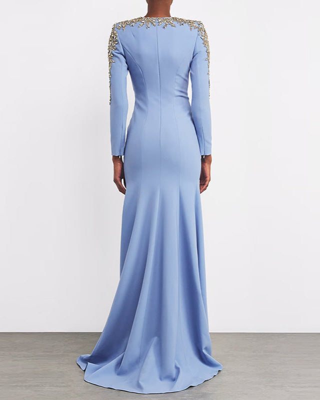 long-sleeve mermaid gown with gold applique shoulders – SELEVRE