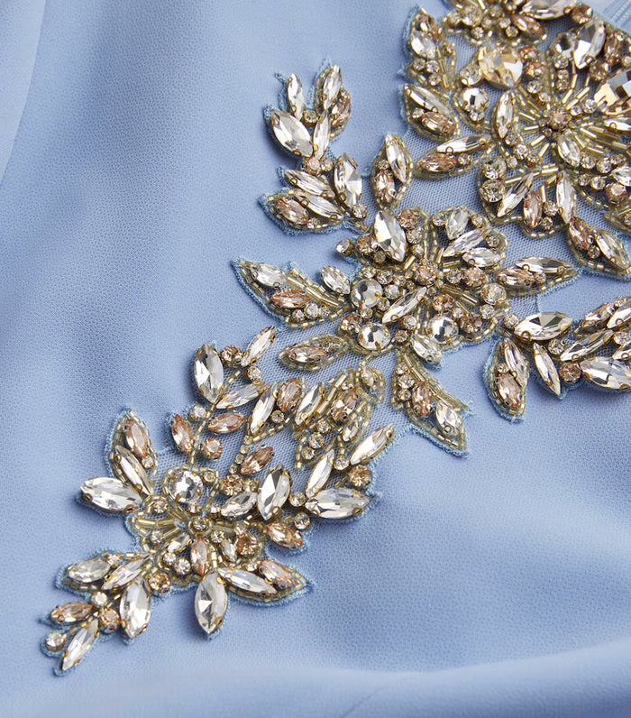 long-sleeve mermaid gown with gold applique shoulders – SELEVRE