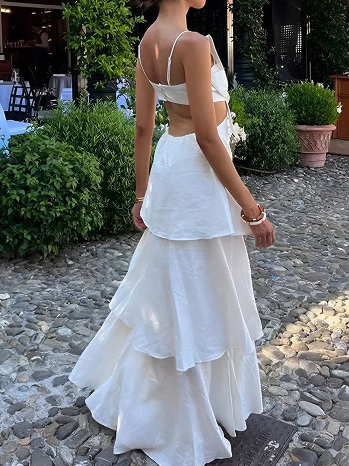Luna - Flowy Women's Wedding Guest Dress with Twist Cutout Bodice and Tiered Maxi Skirt