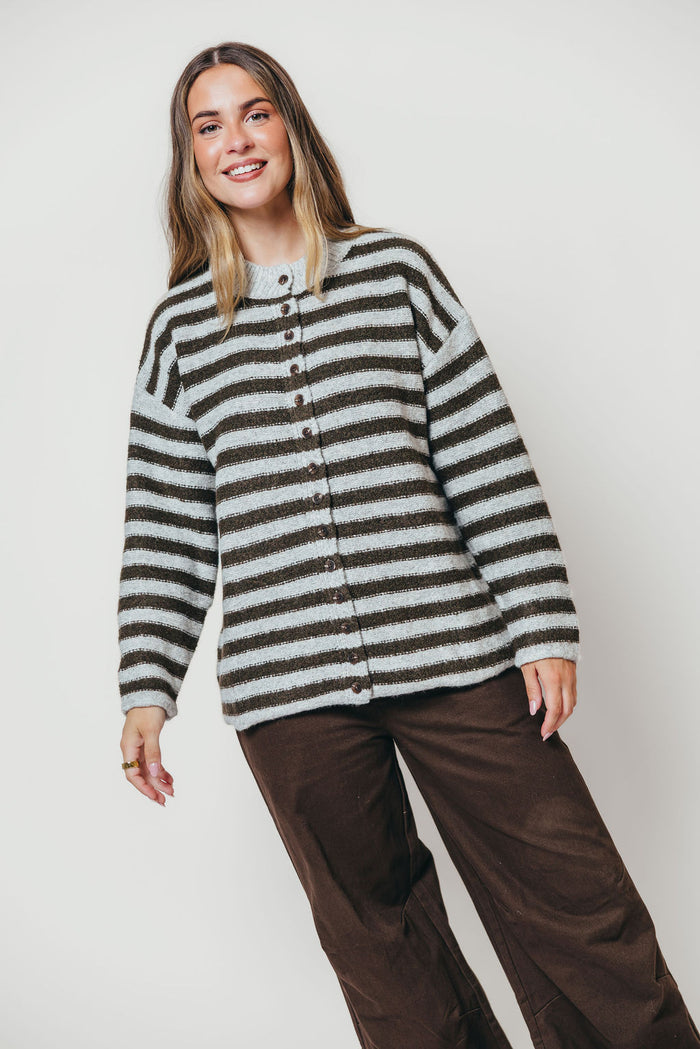 Lyra Striped Cardigan in Grey/Tapenade