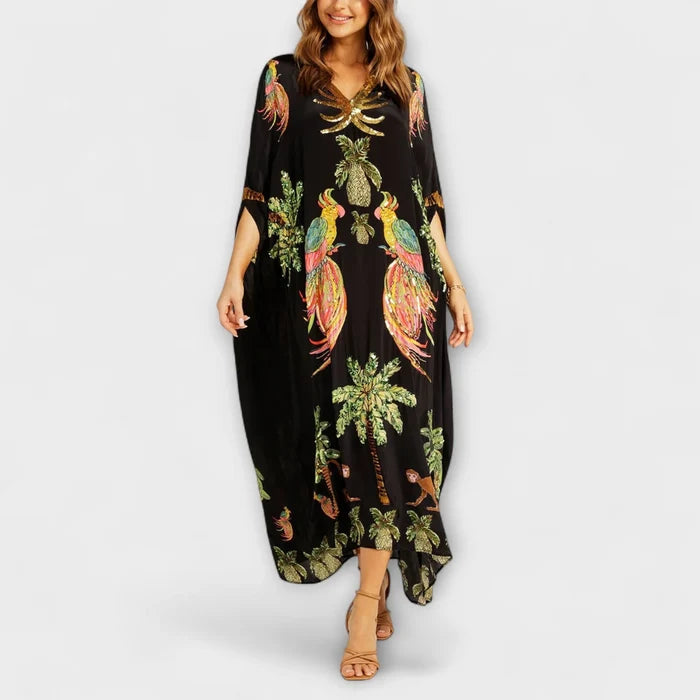 Madison - Flowy Women's Maxi Dress with Tropical Print and Sequin V-Neck
