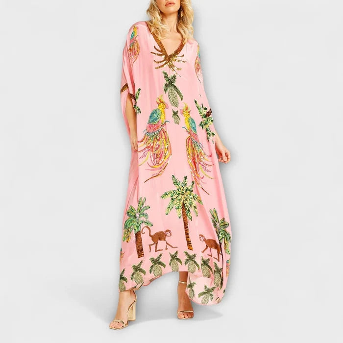 Madison - Flowy Women's Maxi Dress with Tropical Print and Sequin V-Neck