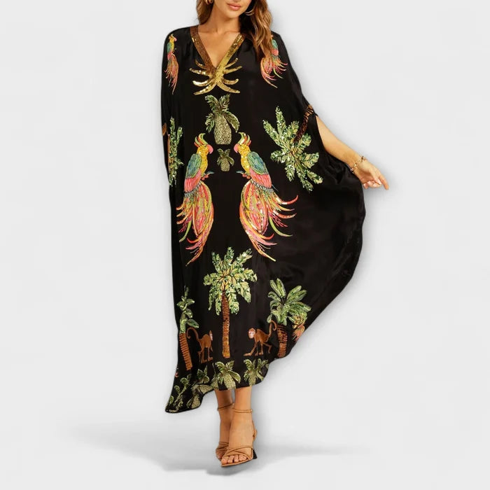 Madison - Flowy Women's Maxi Dress with Tropical Print and Sequin V-Neck
