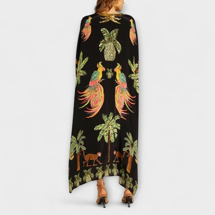 Madison - Flowy Women's Maxi Dress with Tropical Print and Sequin V-Neck
