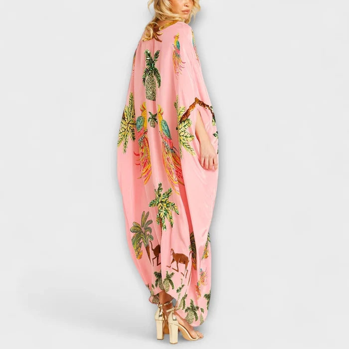 Madison - Flowy Women's Maxi Dress with Tropical Print and Sequin V-Neck