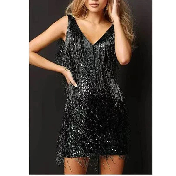 Madison - Glam Women's Wedding Guest Dress with Fringe and V-Neck