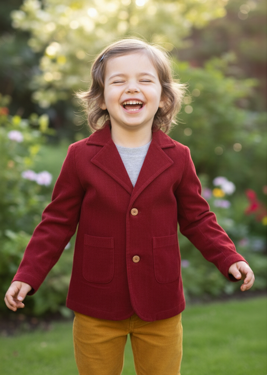 Maroon Corduroy Blazer for Toddlers & Tweens – Coconut Shell Buttons, Contrast Fabric Detail