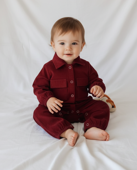 Maroon Corduroy Jumpsuit for Infants – Unisex Baby Girl & Baby Boy, Snap Button Closure, Elastic Cuffs