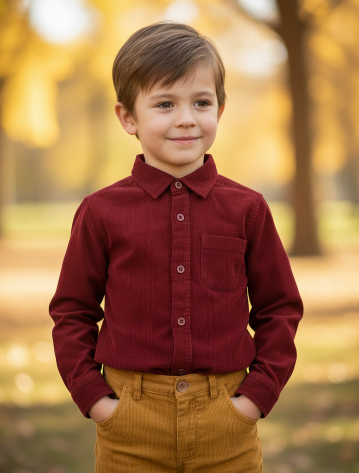 Maroon Corduroy Shirt for Toddlers & Tweens – Metal Snap Buttons, Contrast Lined Cuffs, Rounded Hem