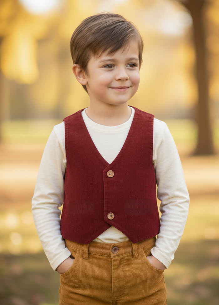 Maroon Corduroy Vest for Toddlers & Tweens – Unisex, Coconut Shell Buttons, Printed Stripe Lining