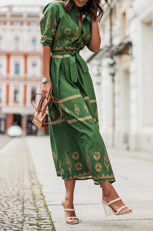 Mia - Boho Women's Maxi Dress with Tribal Print and Tie Waist Belt