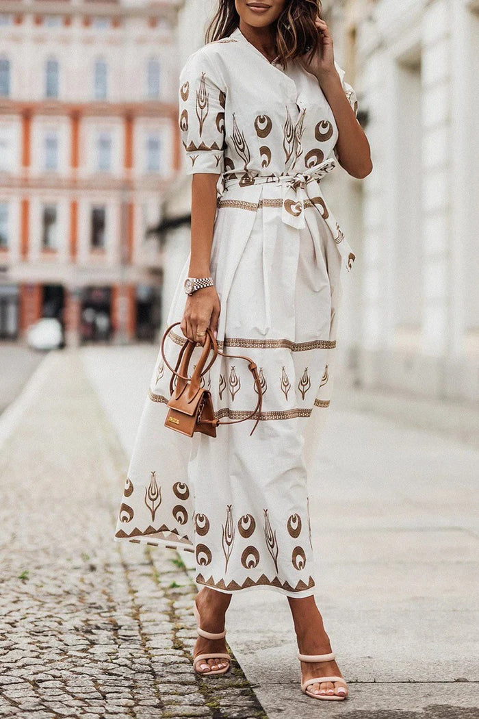 Mia - Boho Women's Maxi Dress with Tribal Print and Tie Waist Belt