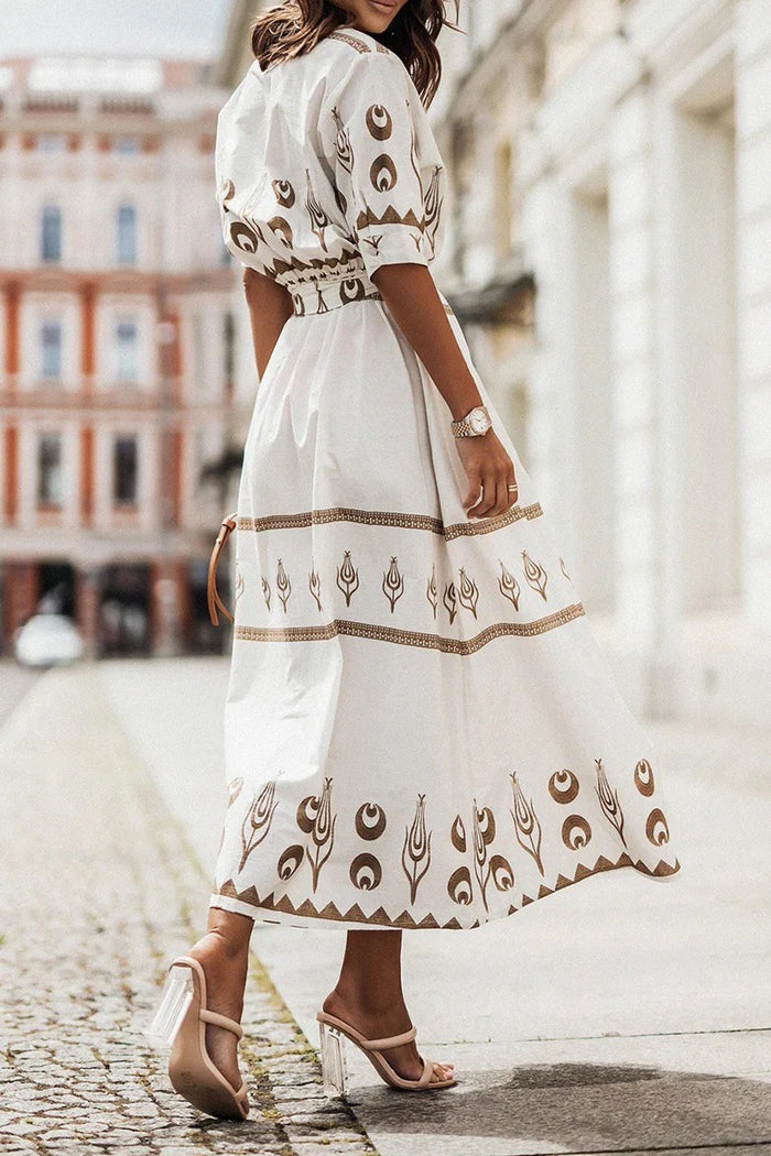 Mia - Boho Women's Maxi Dress with Tribal Print and Tie Waist Belt