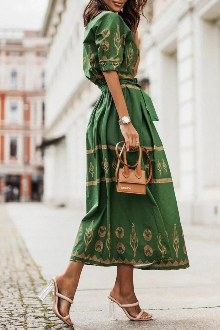 Mia - Boho Women's Maxi Dress with Tribal Print and Tie Waist Belt