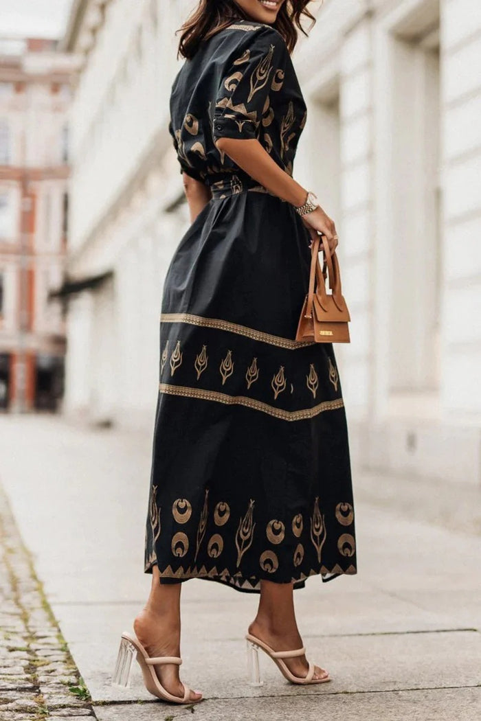 Mia - Boho Women's Maxi Dress with Tribal Print and Tie Waist Belt