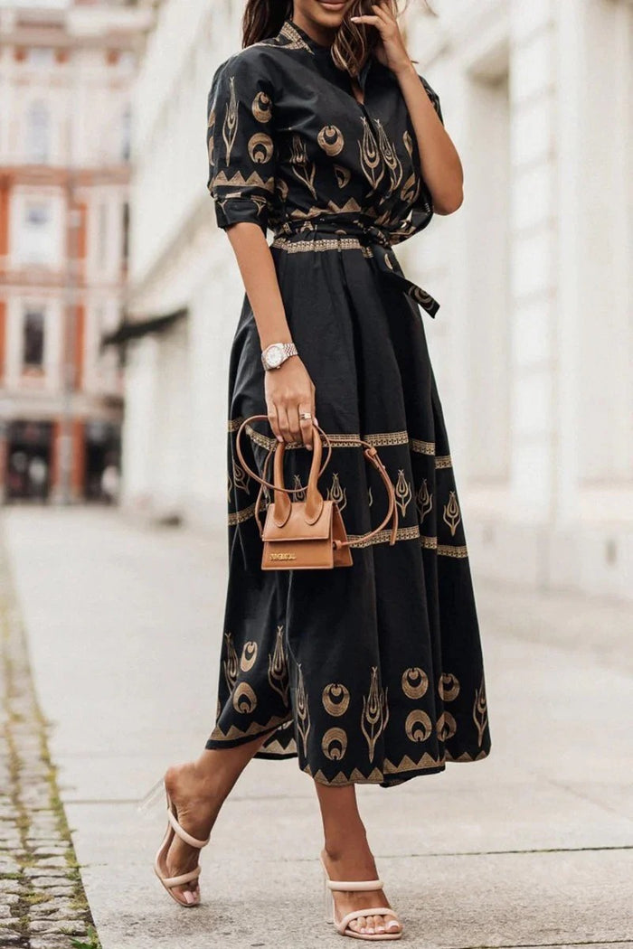 Mia - Boho Women's Maxi Dress with Tribal Print and Tie Waist Belt