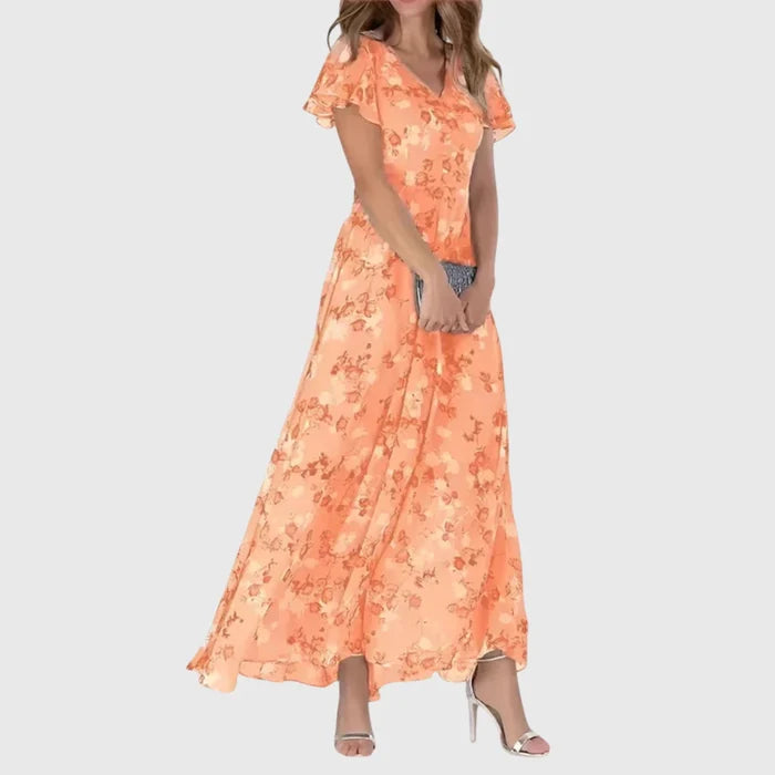 Mia - Flowy Floral Maxi Dress for Women with Flutter Sleeves and V-Neck